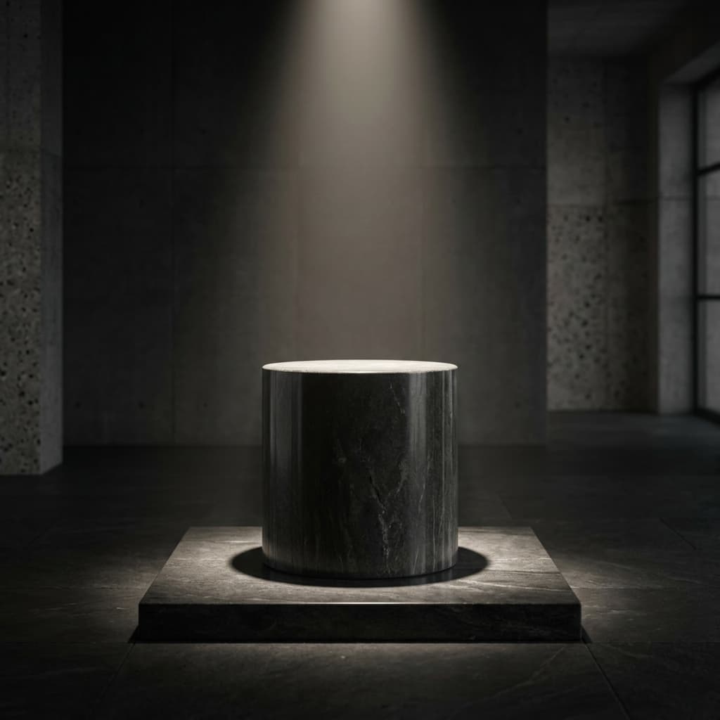 A sleek dark stone pedestal illuminated by a spotlight, representing AEO visibility and authority